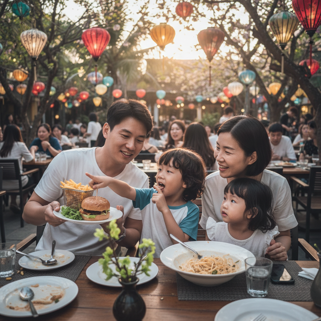 레스토랑에서 식사하는 가족