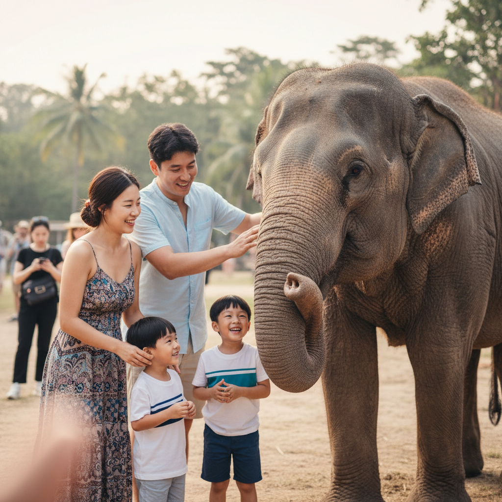 코끼리를 만지고 있는 가족 사진