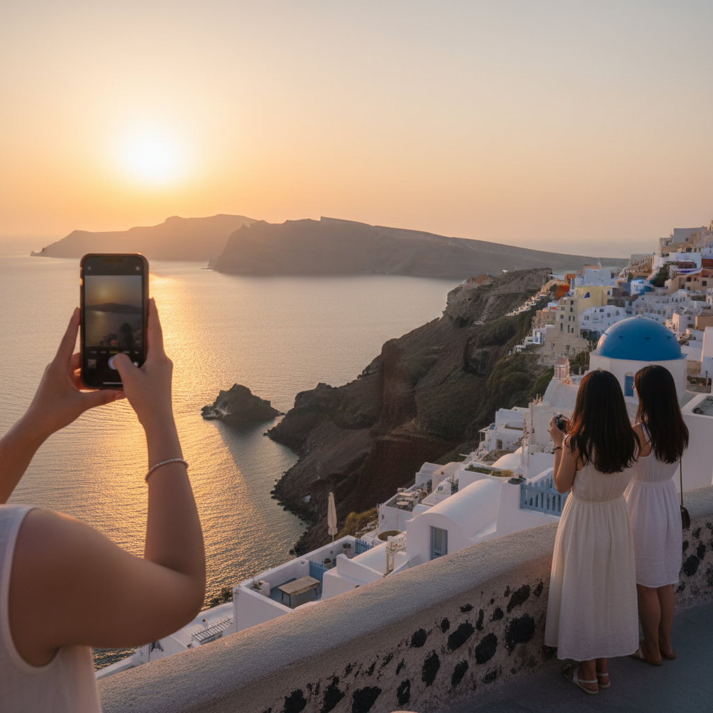 그리스 산토리니 칼데라 전경과 에게해 일몰