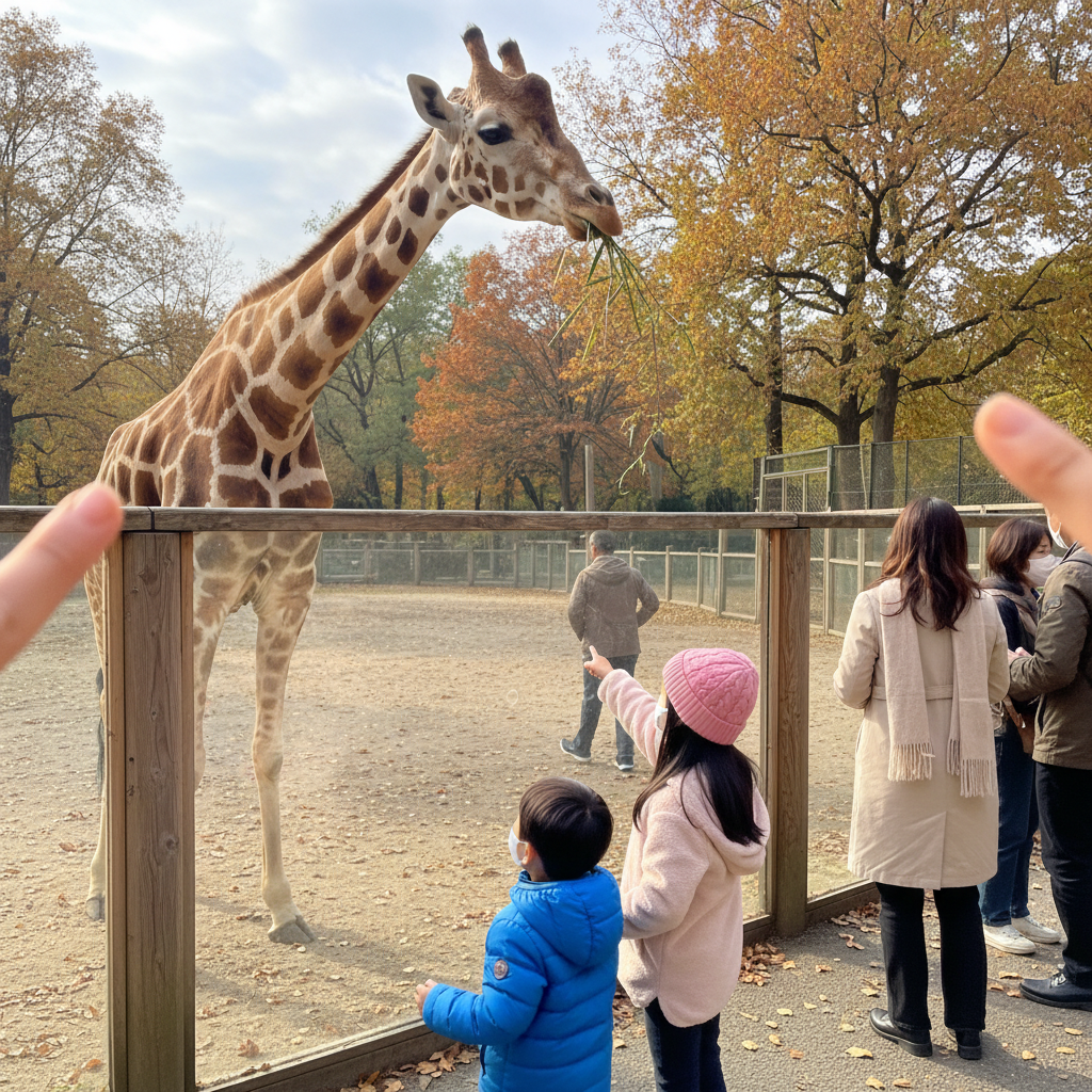 취리히 동물원에서 기린 앞에 선 아이들