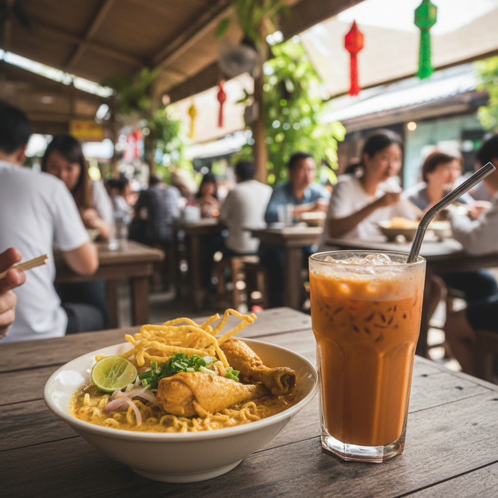 현지 식당에서 먹은 카오소이 국수와 태국 차