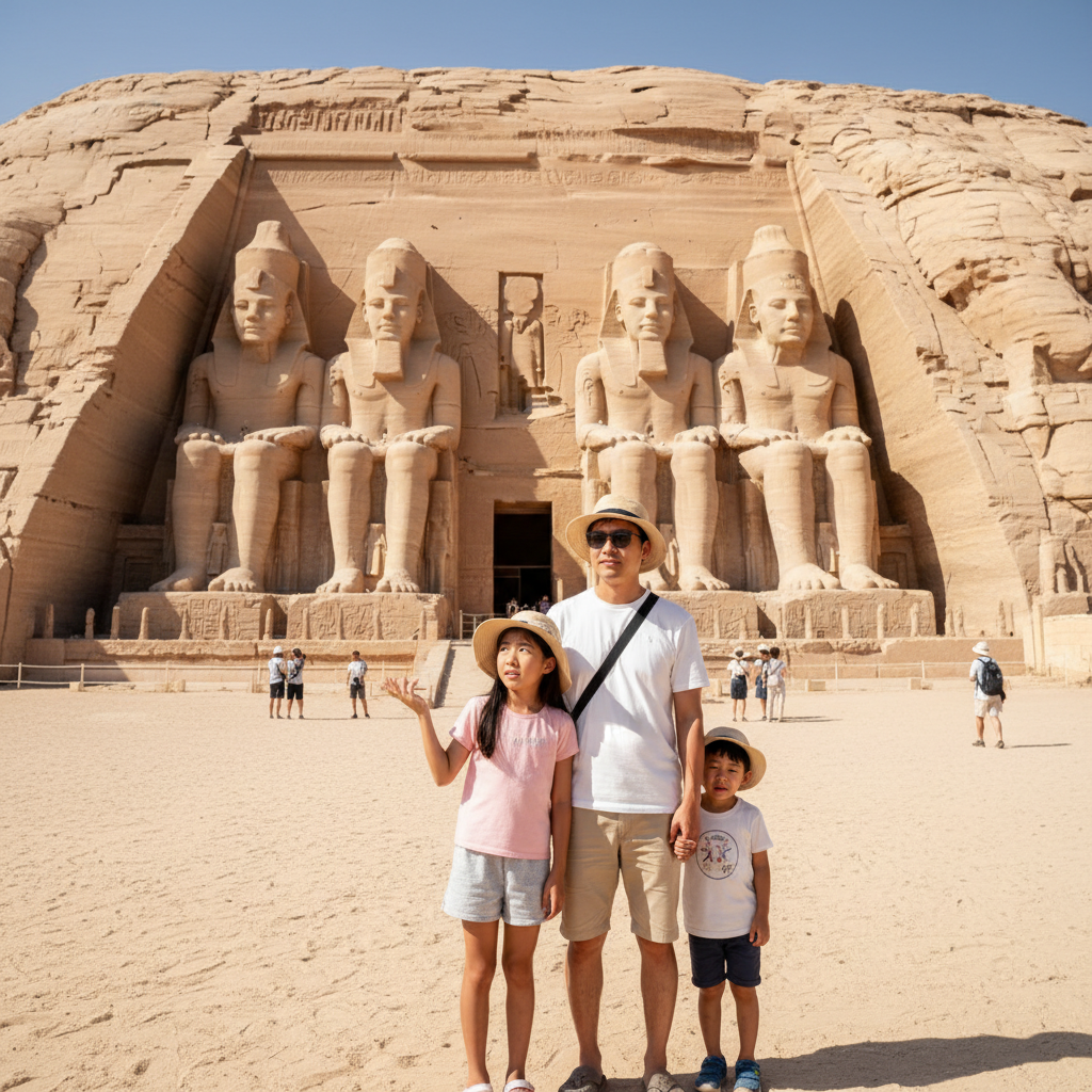 아부심벨 신전 앞에서 포즈를 취하는 가족