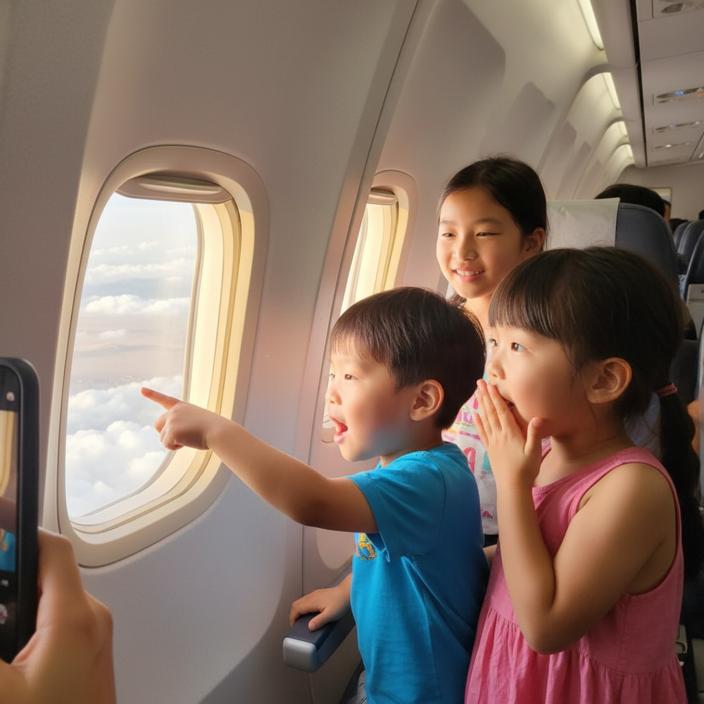 비행기 안에서 창문 너머 구름을 가리키며 신기해하는 아이들