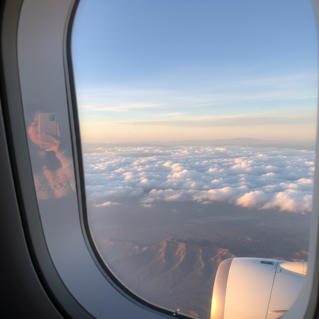 비행기 창문 너머로 보이는 하늘과 구름