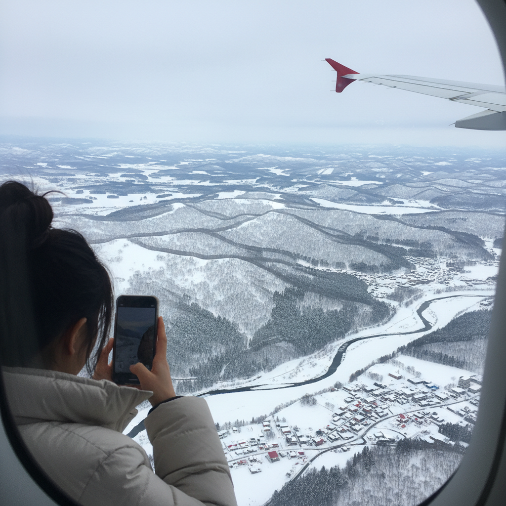 비행기에서 내려다본 눈 덮인 홋카이도