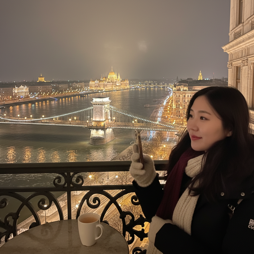 부다페스트 도나우강 야경과 호텔 발코니 뷰
