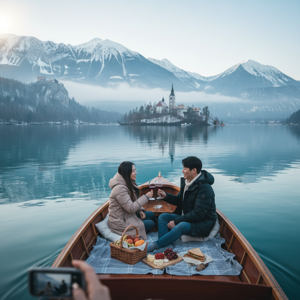 블레드 호수 위 프라이빗 보트와 알프스 전경