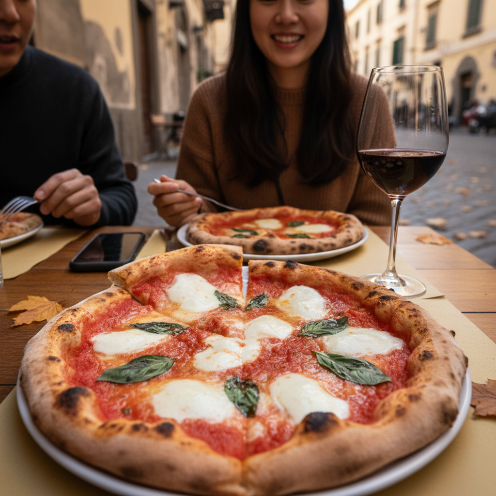 정통 나폴리 피자와 레드와인 한 잔