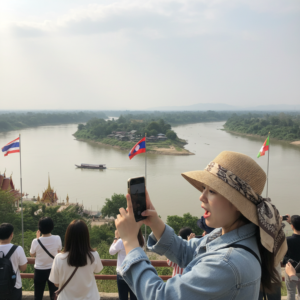 골든 트라이앵글에서 바라본 메콩강과 세 국가의 경계