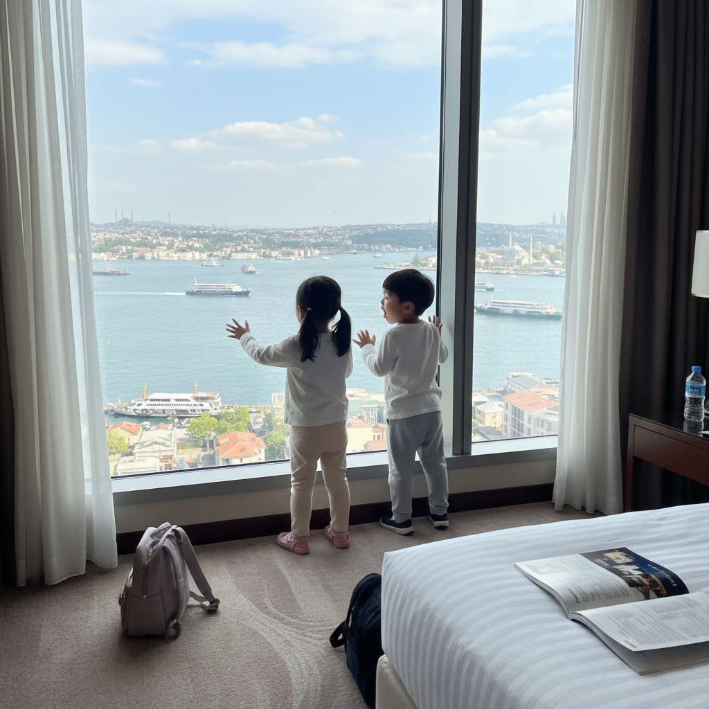 호텔 창가에서 보스포루스 해협을 바라보는 아이들