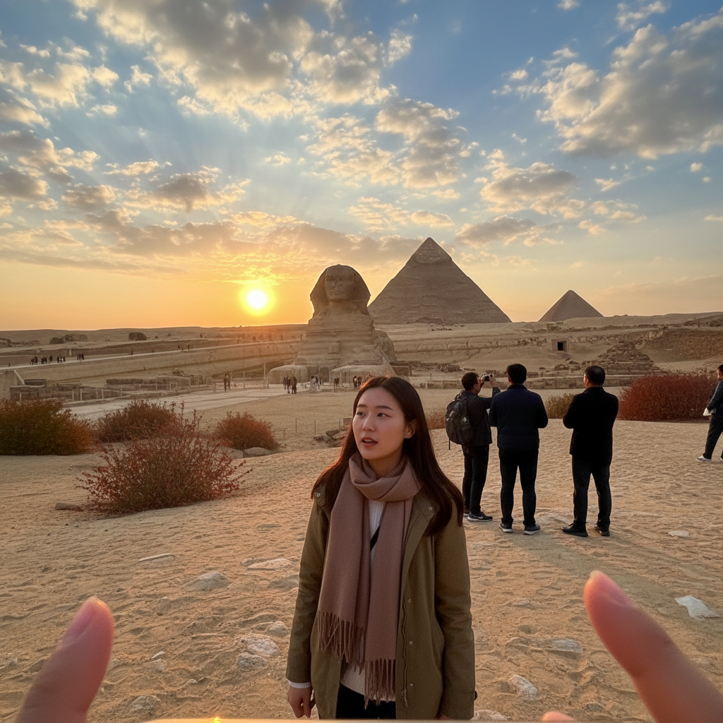 일몰 시간 기자 피라미드와 스핑크스