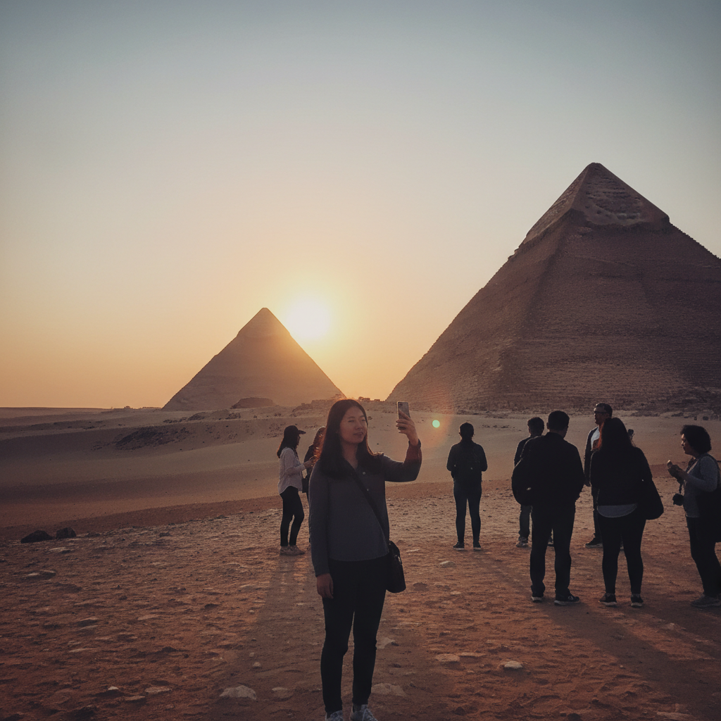 기자 피라미드 앞에서 찍은 사진, 거대한 피라미드와 그 앞에 선 사람들의 실루엣