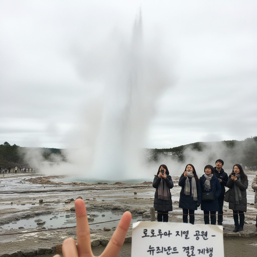 로토루아 지열 공원의 간헐천 분출 장면