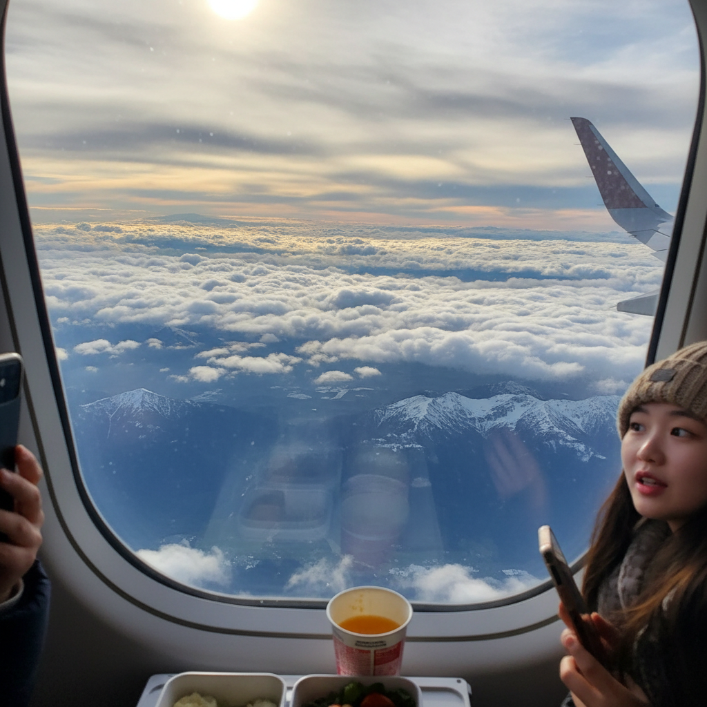 비행기 창문에서 바라본 구름 위 풍경