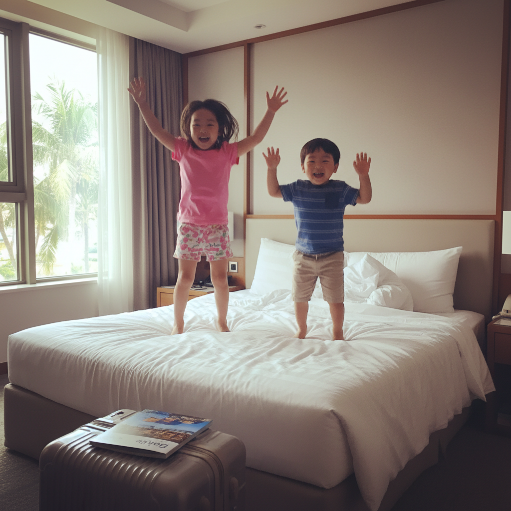 호텔 침대에서 뛰노는 아이들