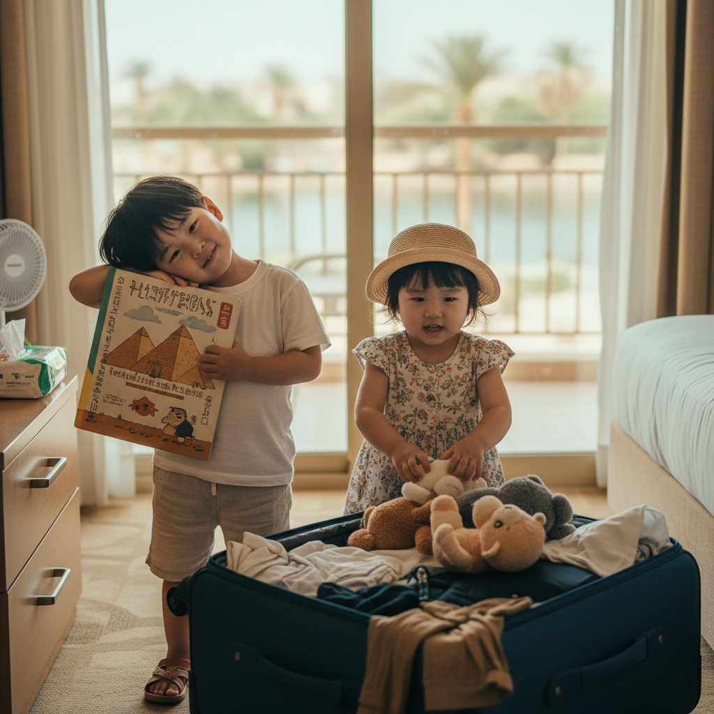 여행 가방 앞에서 설레는 표정으로 서 있는 아이들