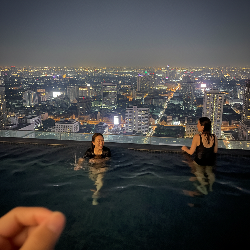 고층 호텔 루프탑에서 바라본 방콕의 화려한 야경과 인피니티 풀