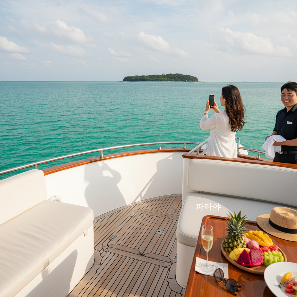 산호섬으로 향하는 프라이빗 요트에서 바라본 에메랄드빛 바다