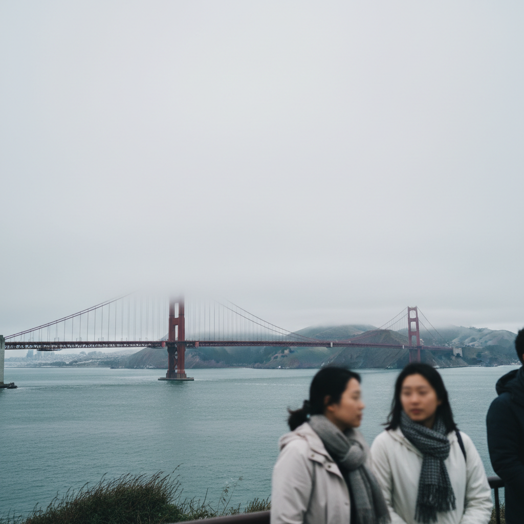 안개 속에서 모습을 드러낸 금문교와 샌프란시스코 전경