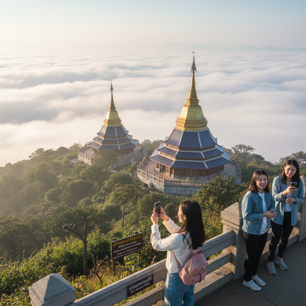 도이인타논 국립공원의 구름 위로 솟은 왕과 왕비의 파고다