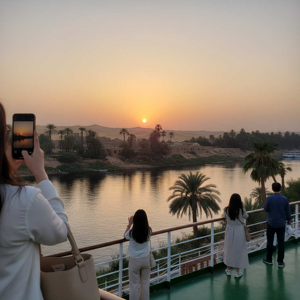 나일강 크루즈에서 바라본 강변 풍경과 석양