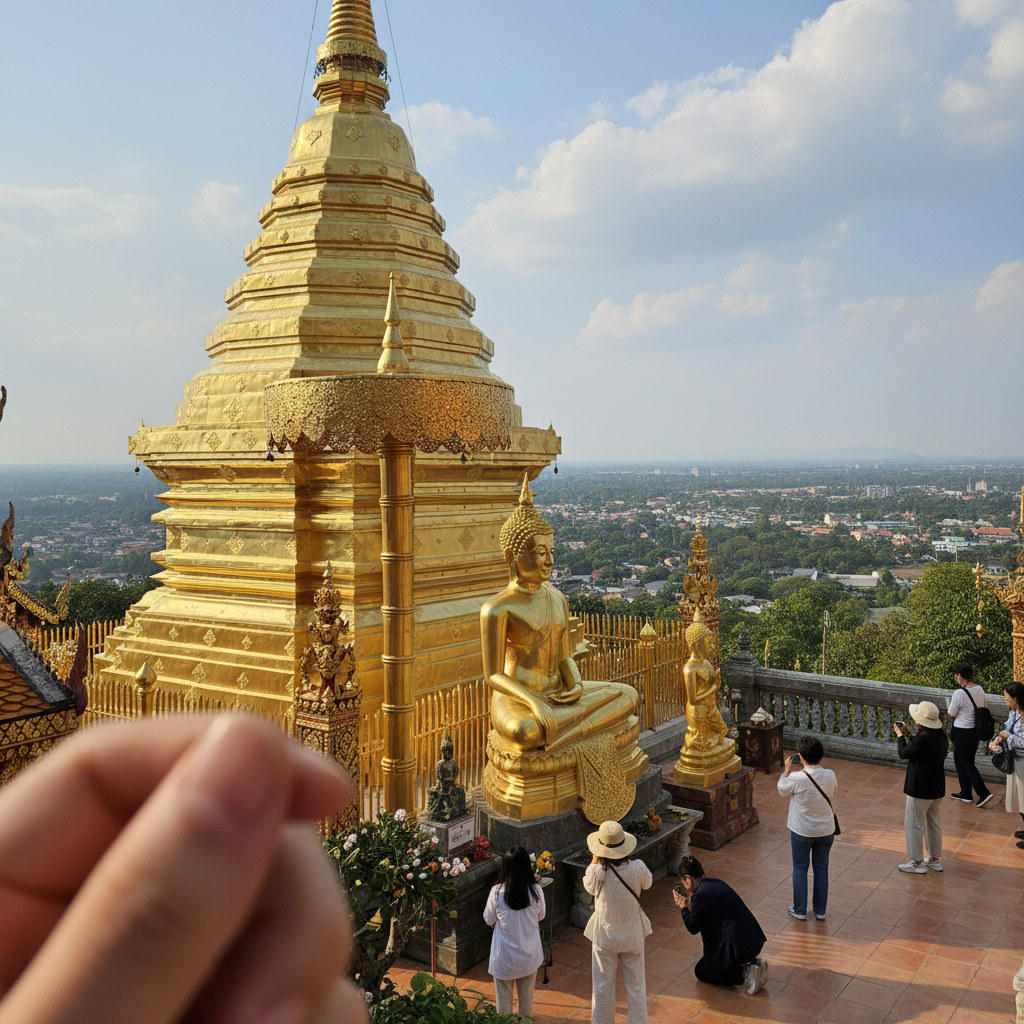 도이수텝 사원의 황금 불탑과 불상