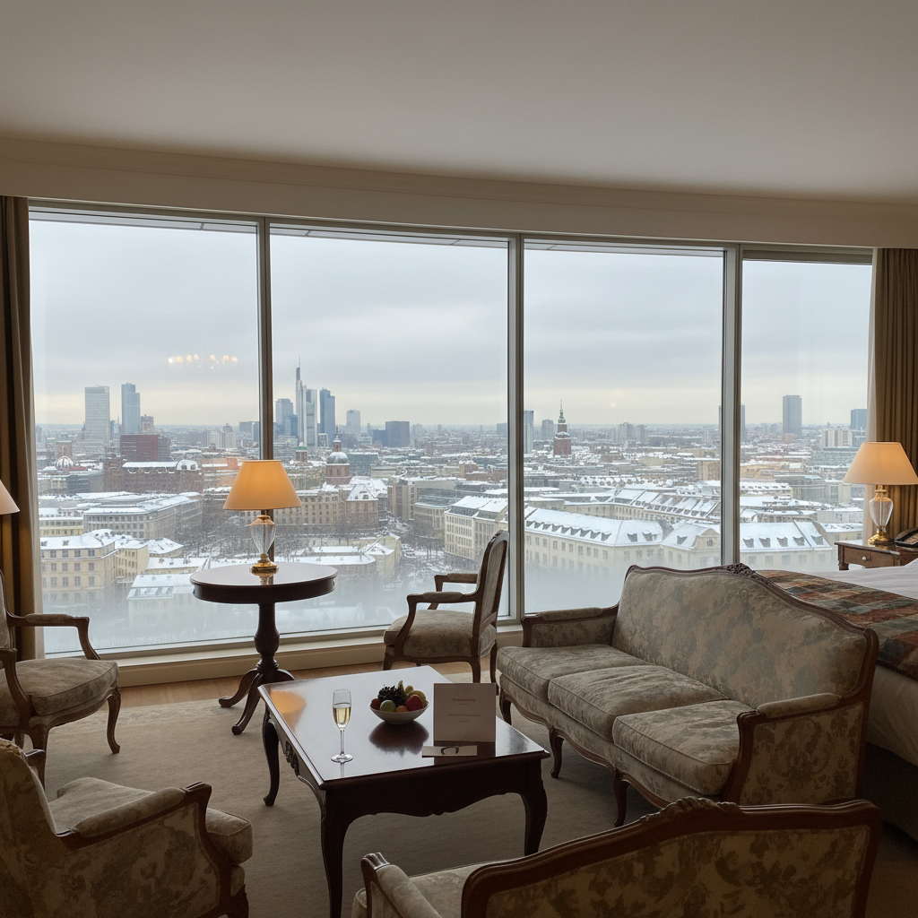켐핀스키 호텔 스위트룸 내부와 도시 전망