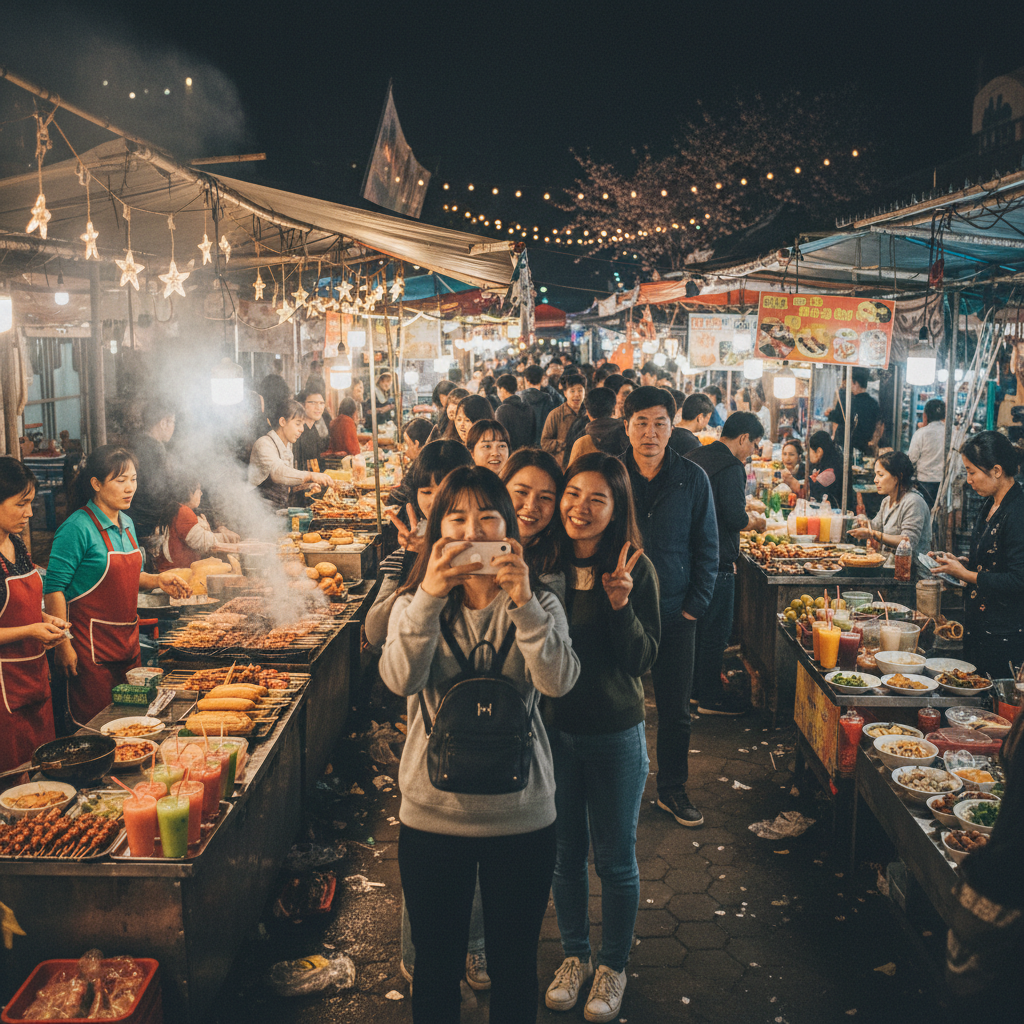 달랏 야시장의 불빛과 다양한 음식 노점