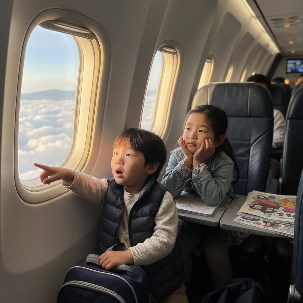 비행기 안에서 창밖을 보는 아이들