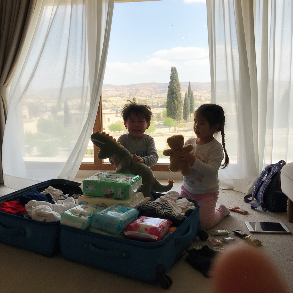 아이들이 여행 가방을 챙기는 모습