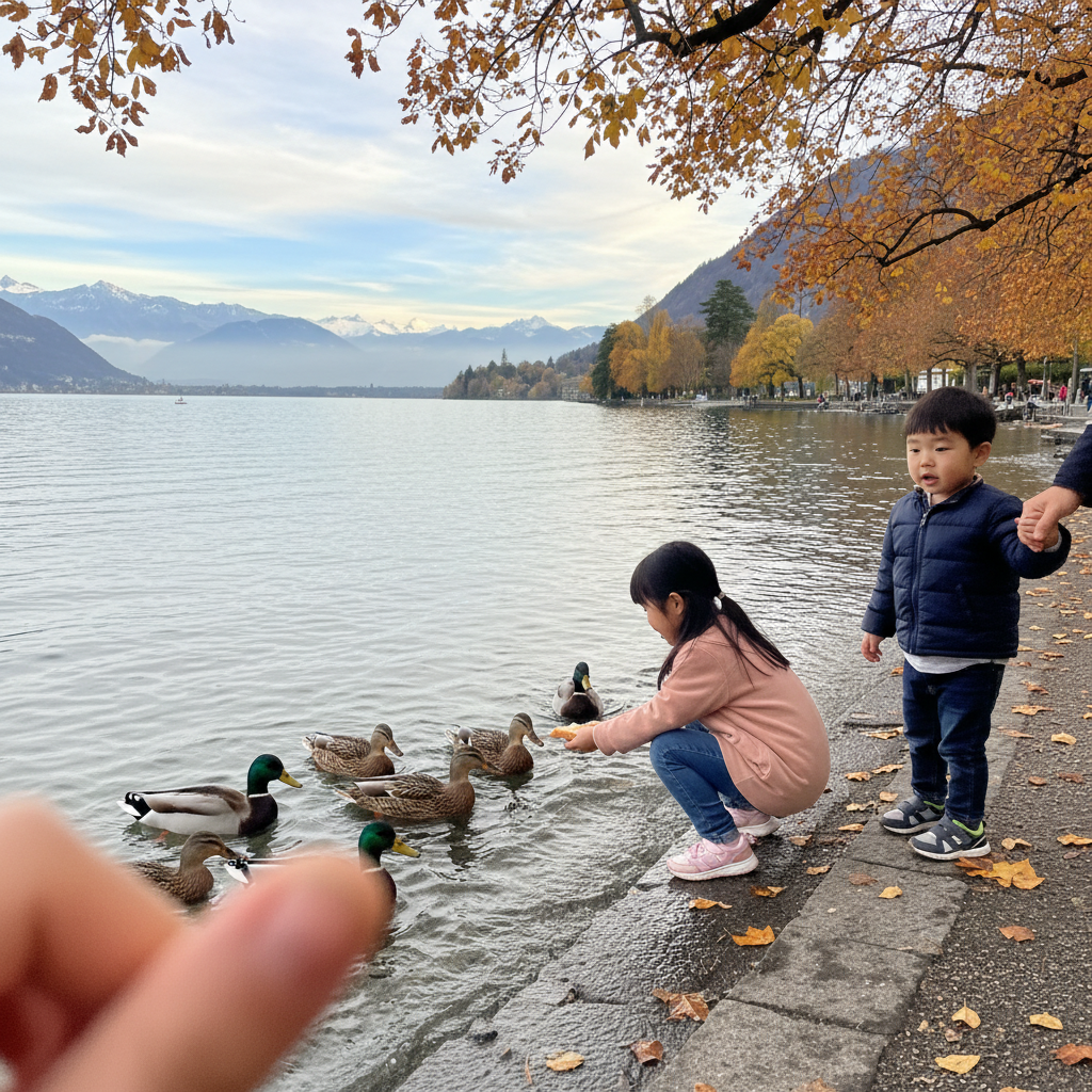 레만 호수에서 오리 먹이주는 아이들
