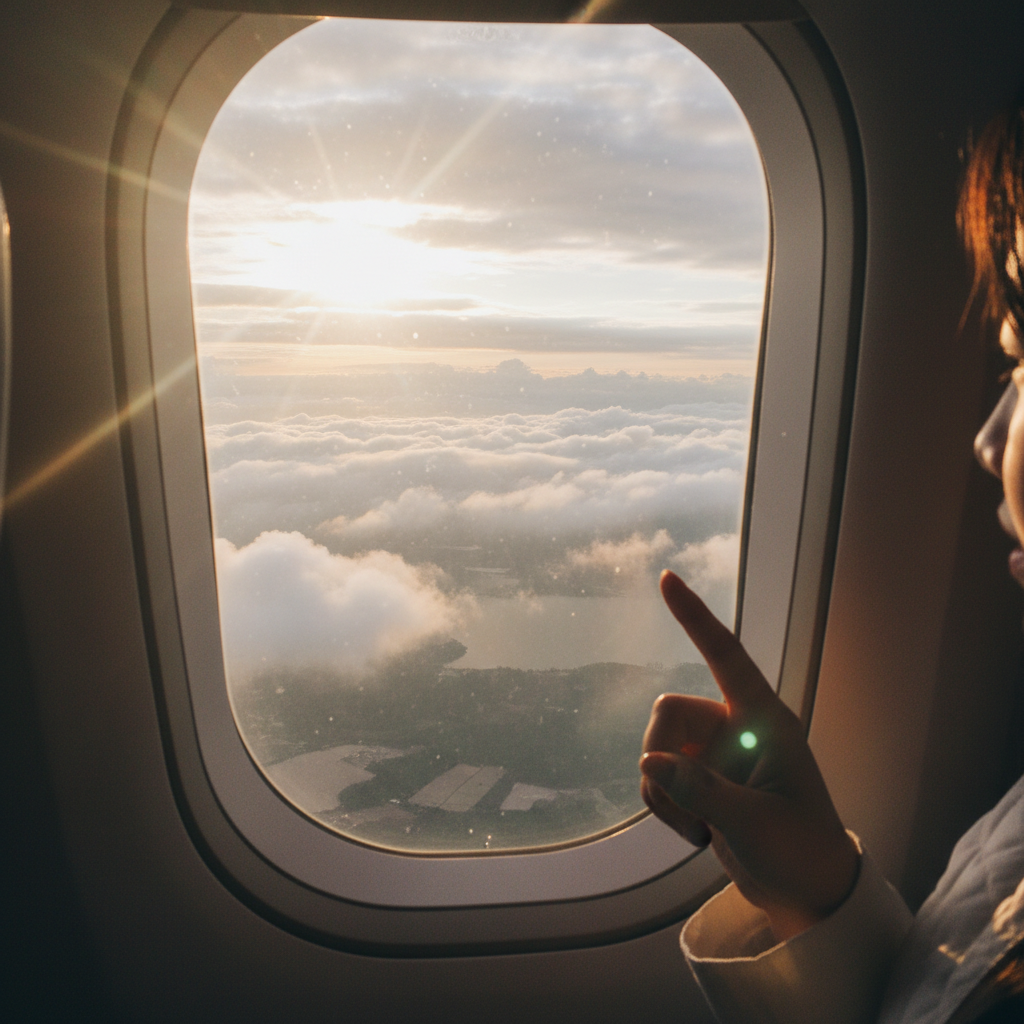 비행기 창문으로 보이는 구름과 햇살