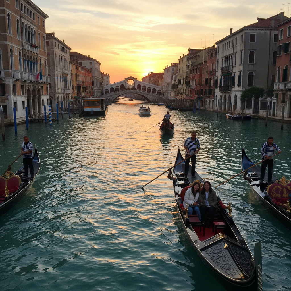 베네치아 운하에서 바라본 석양과 곤돌라
