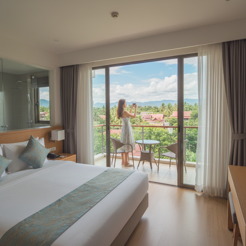 호텔 객실 내부와 발코니에서 보이는 전경
