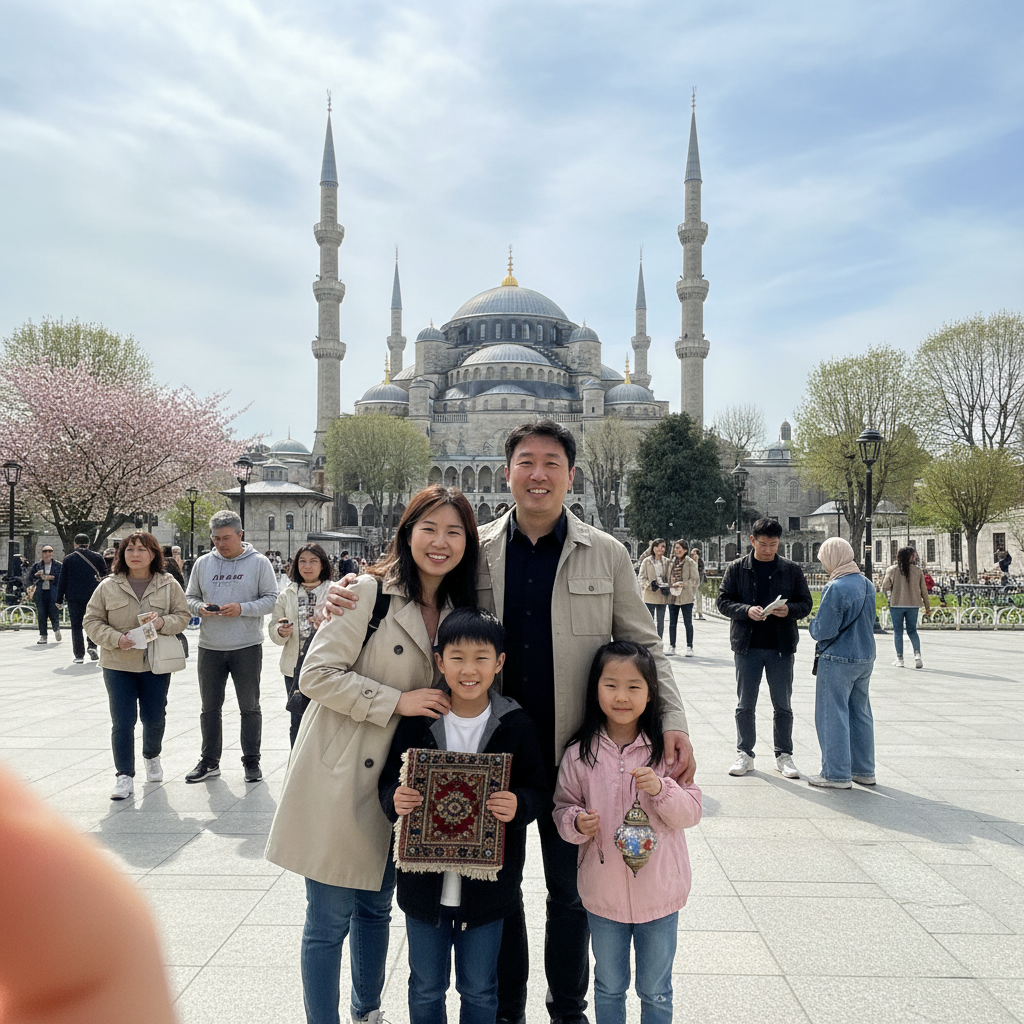 블루 모스크 앞에서 포즈를 취하는 가족