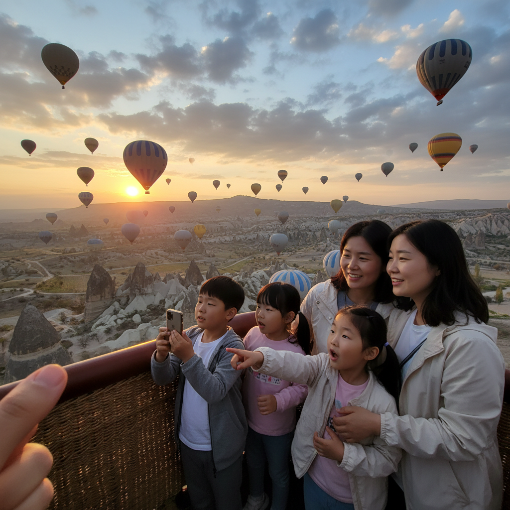 열기구에서 일출을 바라보는 가족