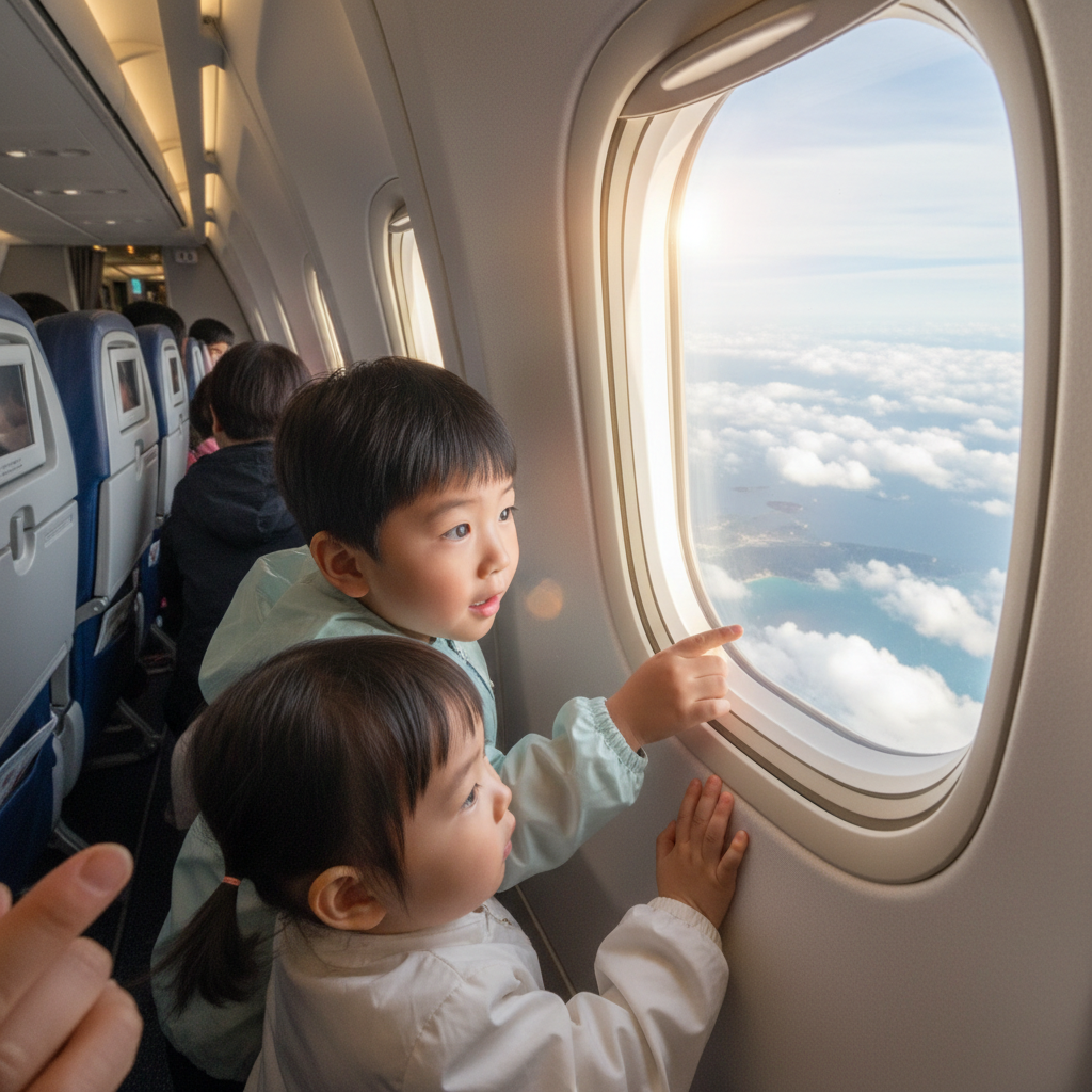 비행기 안에서 창밖을 바라보는 아이들