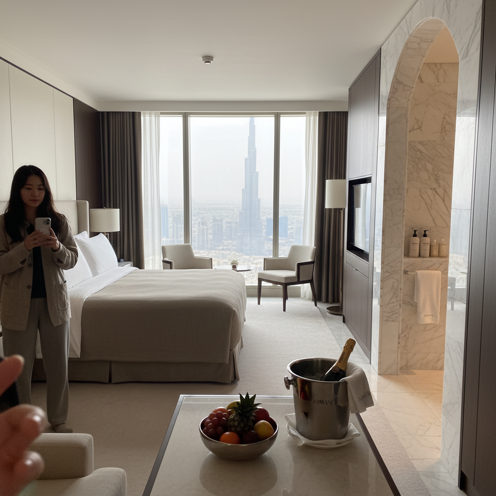 아르마니 호텔 스위트룸 내부와 파노라마 뷰