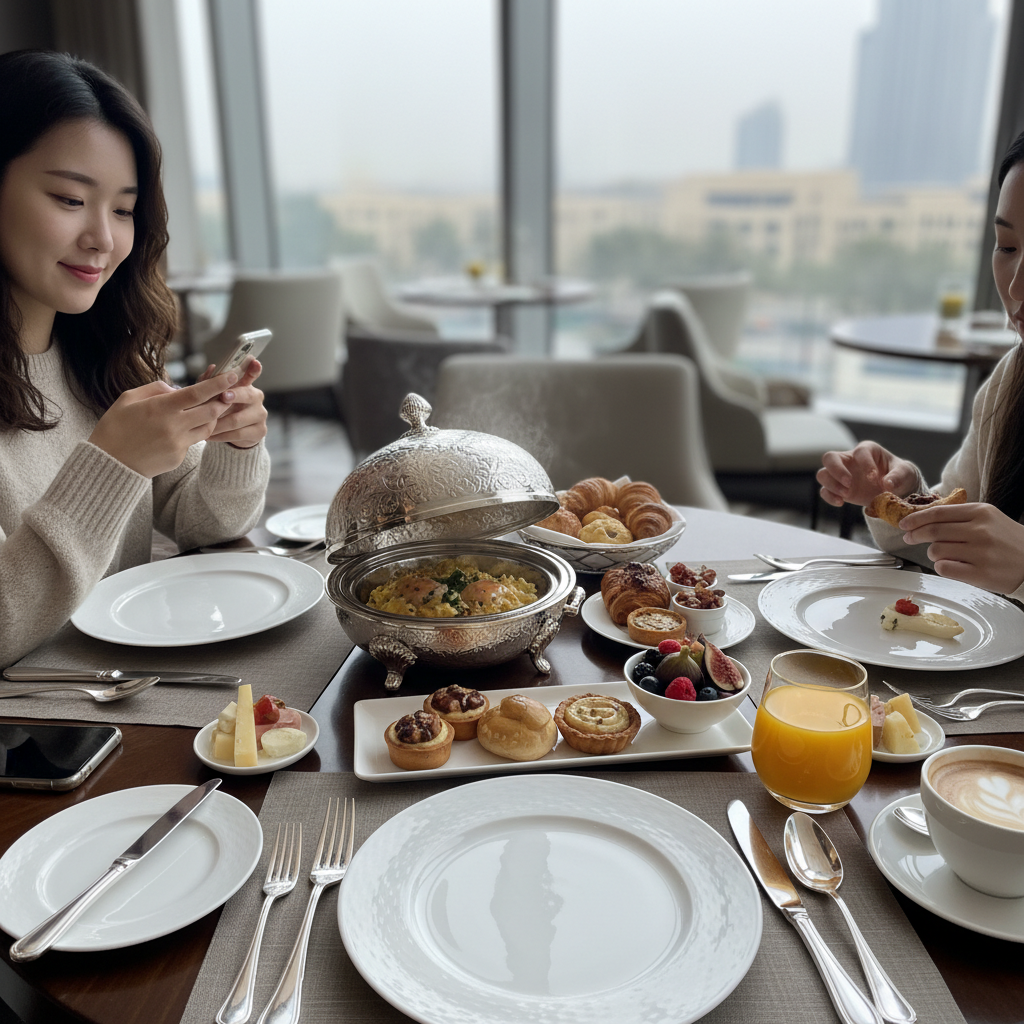 아르마니 레스토랑의 우아한 아침 식사