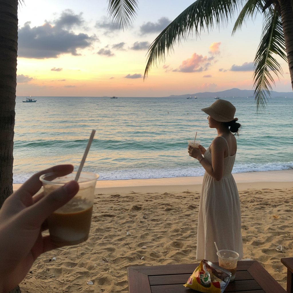 나트랑 해변의 석양과 에메랄드빛 바다