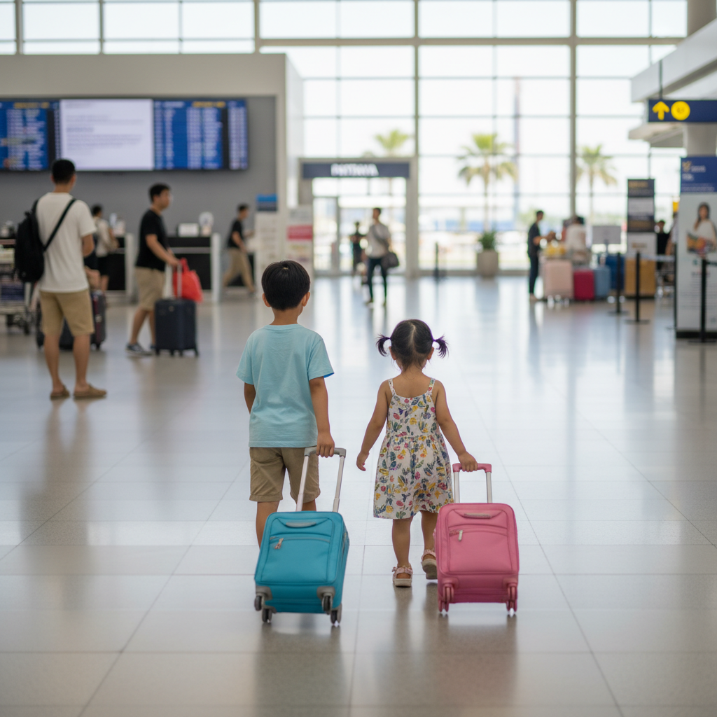 공항에서 여행 가방을 끌고 있는 아이들의 뒷모습