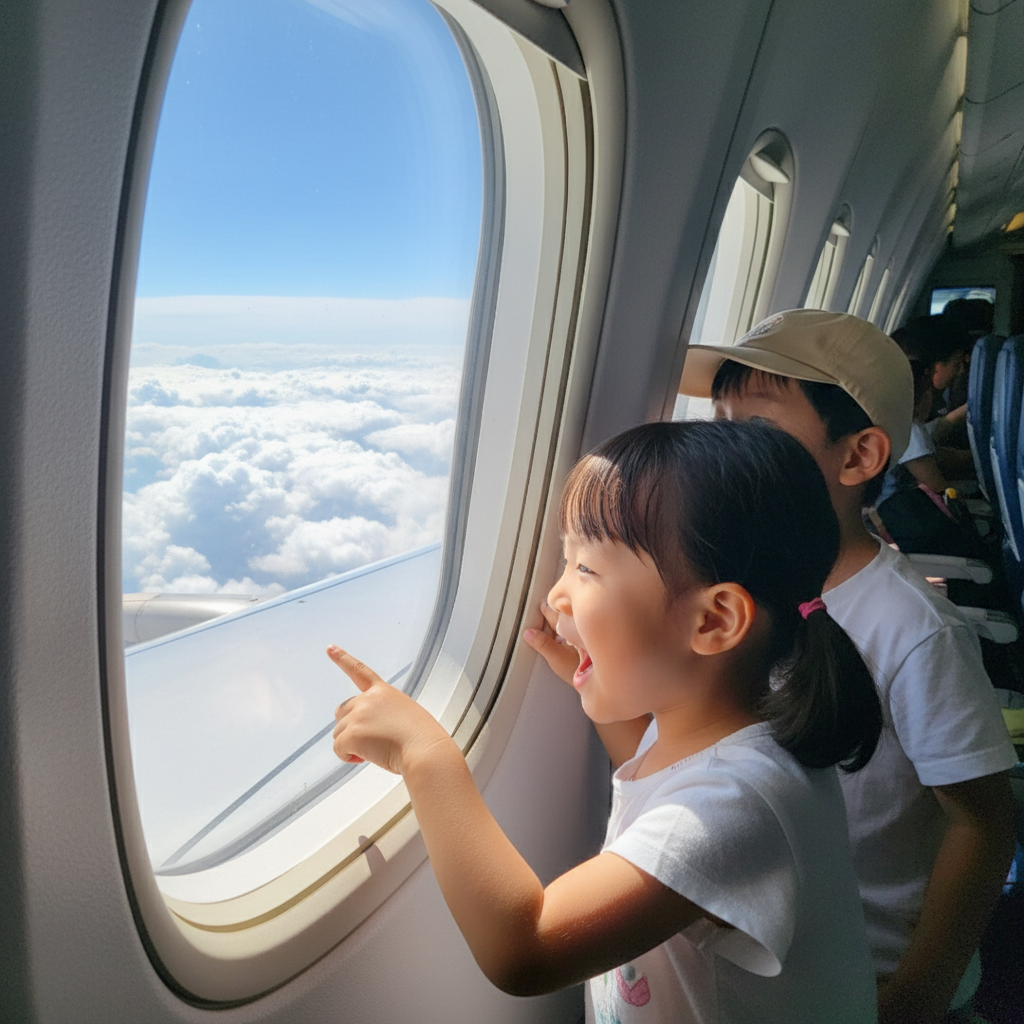비행기 창문으로 구름을 구경하는 아이들