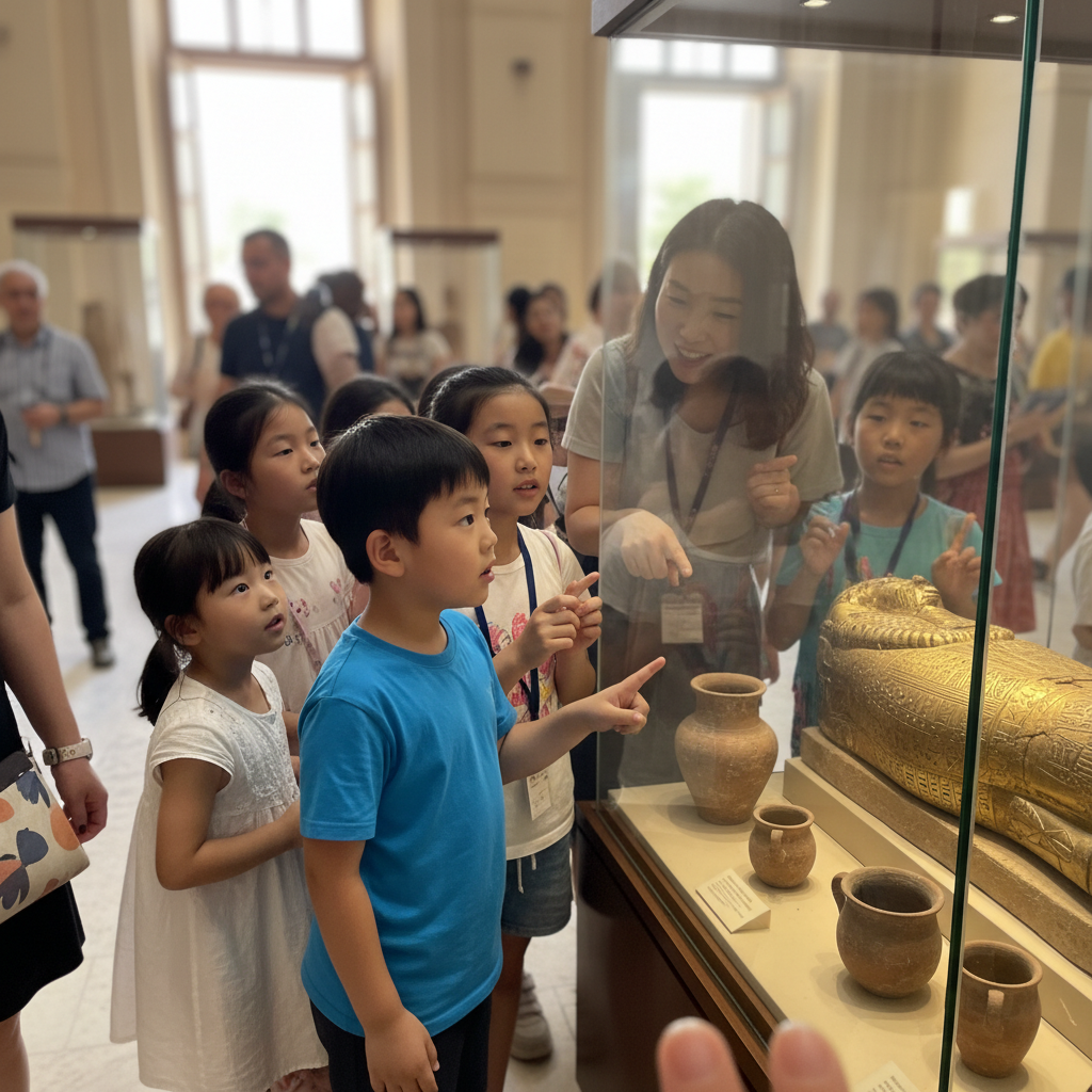 이집트 박물관에서 유물을 가리키며 설명 듣는 아이들