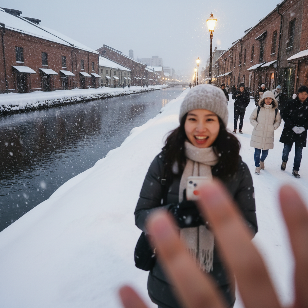 눈 덮인 오타루 운하의 풍경