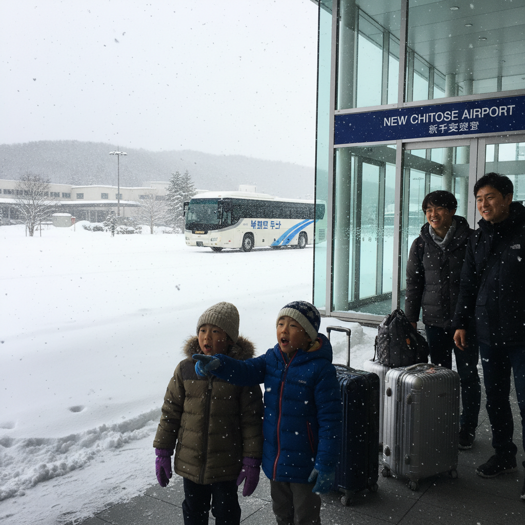 북해도 공항에 도착해 눈 내리는 풍경을 보고 신기해하는 아이들