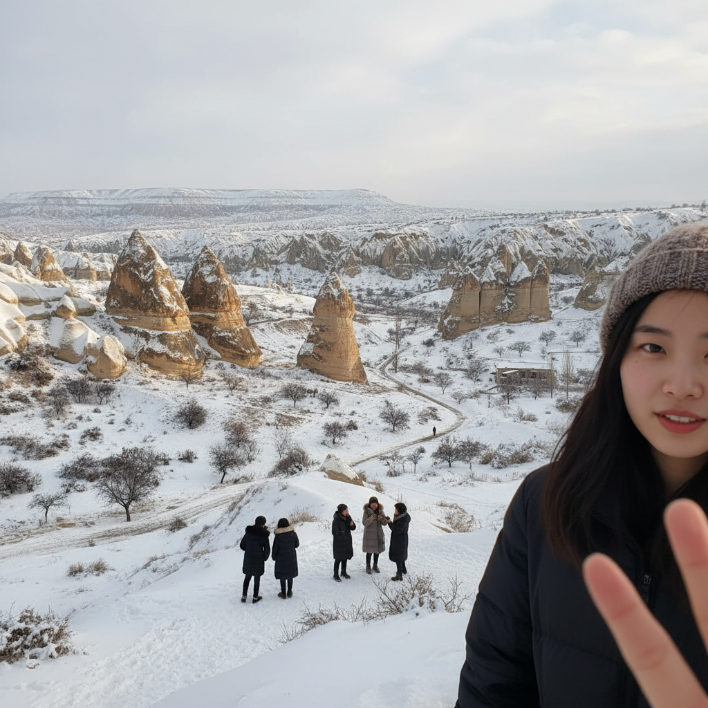 눈 덮인 카파도키아 계곡과 기암괴석 풍경