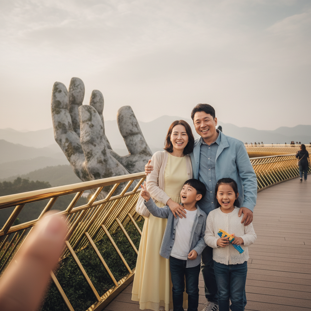 골든브릿지에서 포즈를 취하는 가족