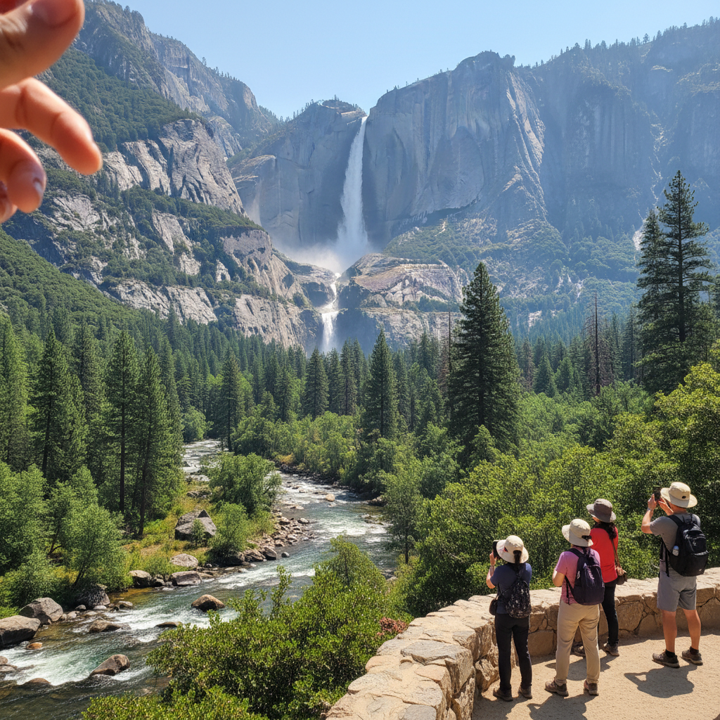 요세미티 국립공원의 웅장한 폭포와 바위산