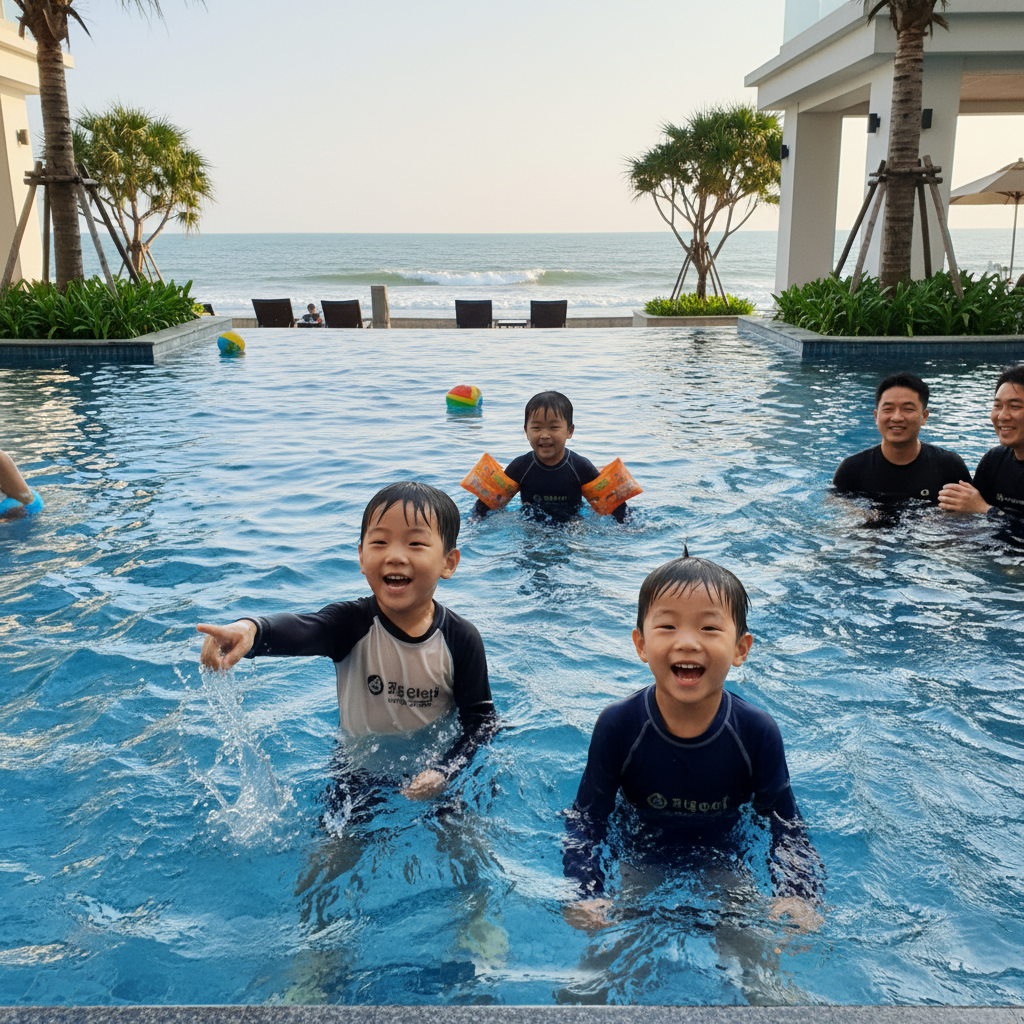 호텔 수영장에서 노는 아이들