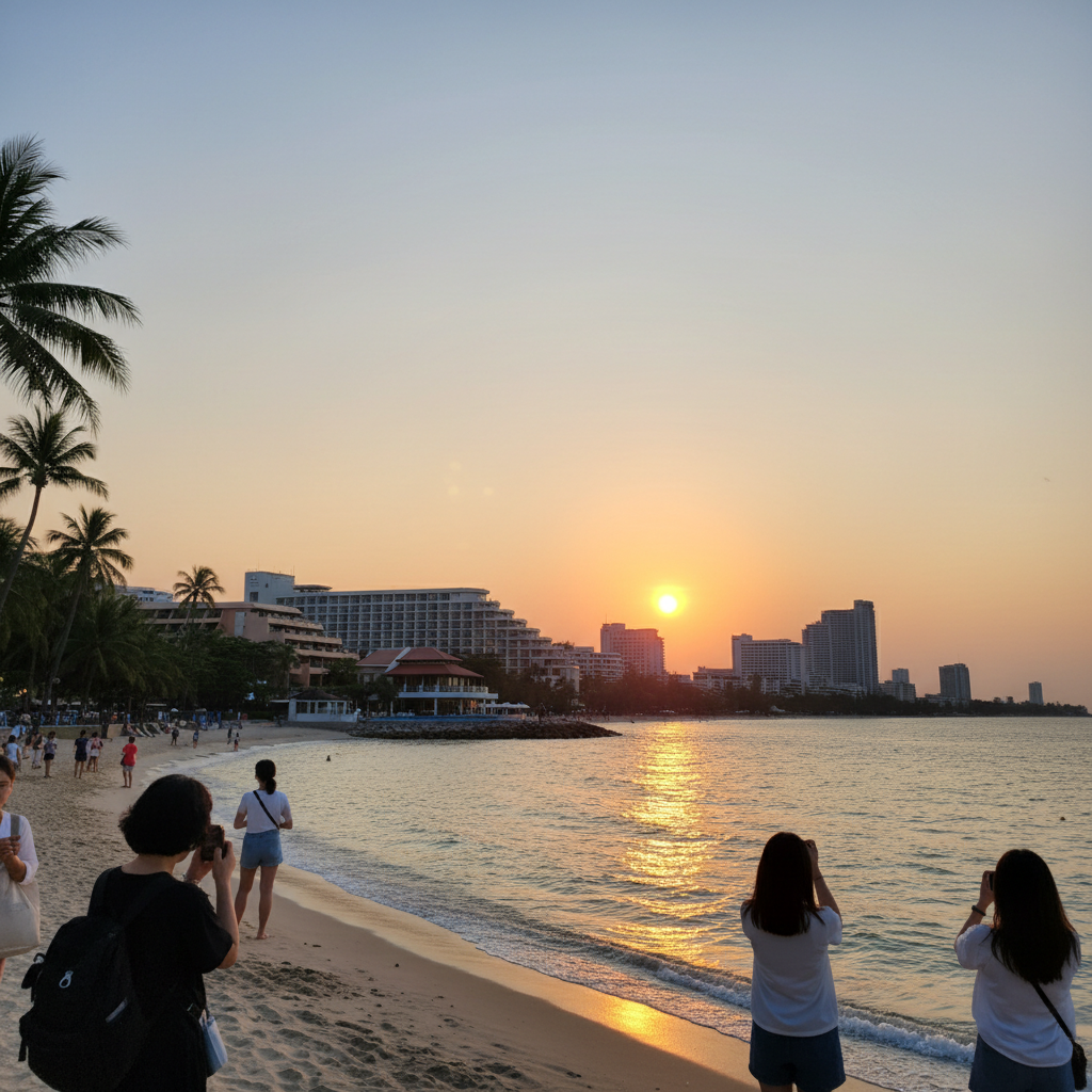 파타야 해변의 석양과 호텔 전경